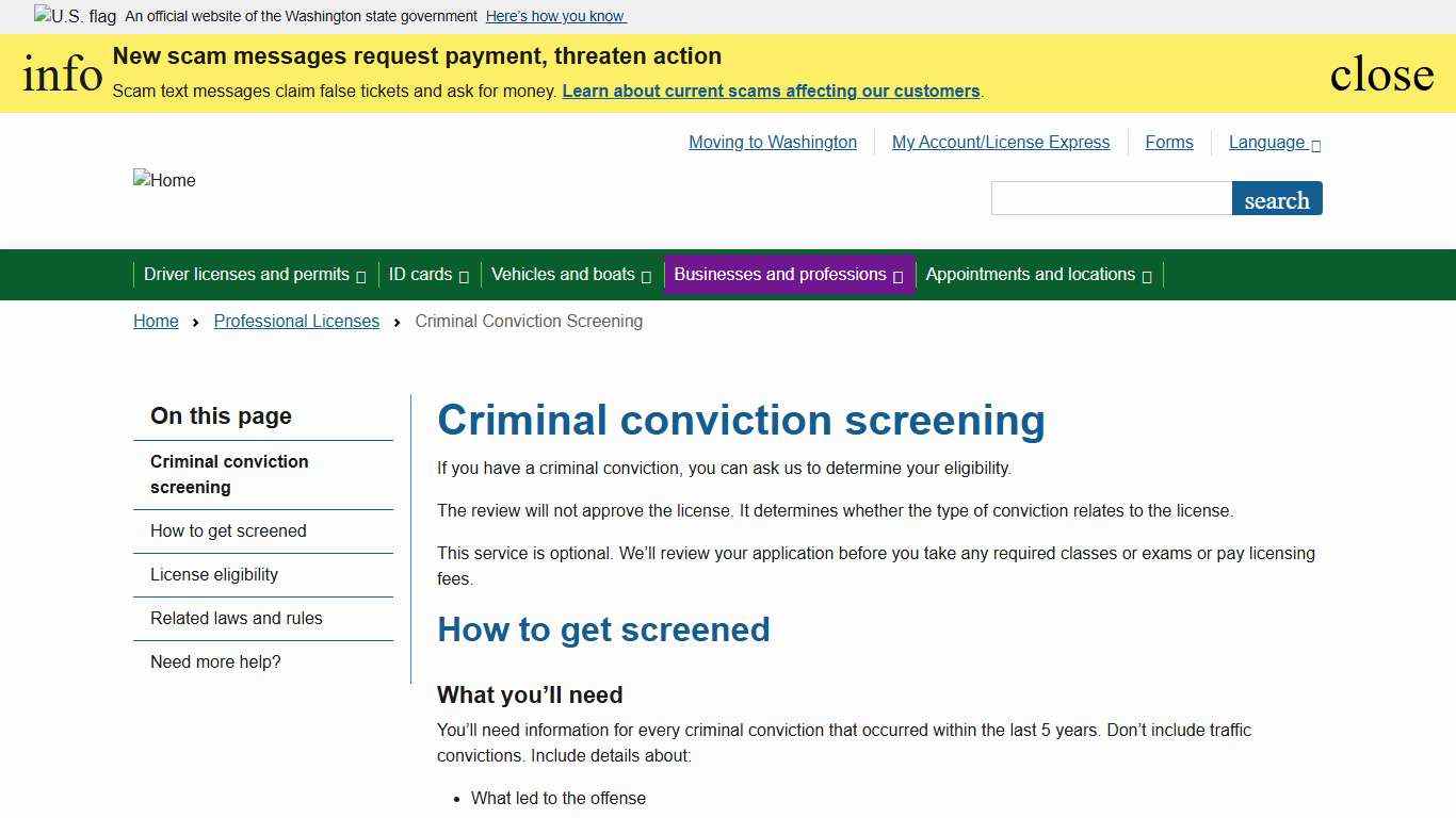 Criminal conviction screening Washington State Department of Licensing